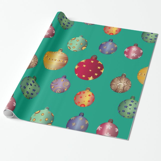 Cheerful Colourful Christmas Ornaments Wrapping Paper (Unrolled)