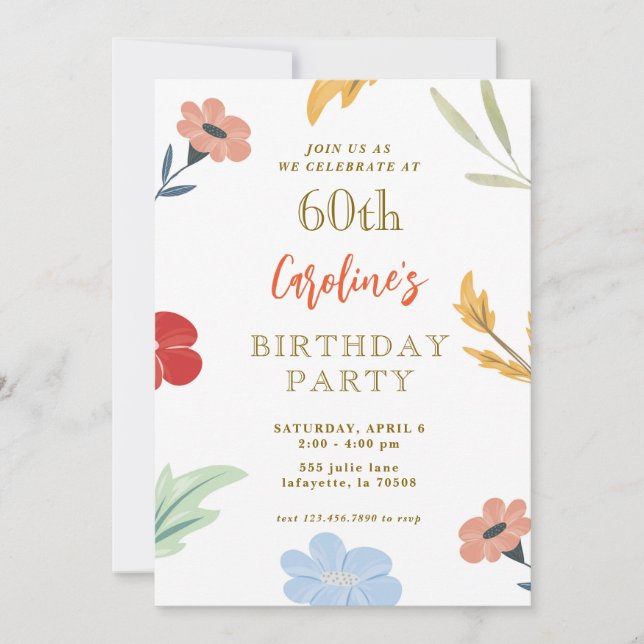 Cheerful Colourful Floral 60th Birthday Invitation (Front)