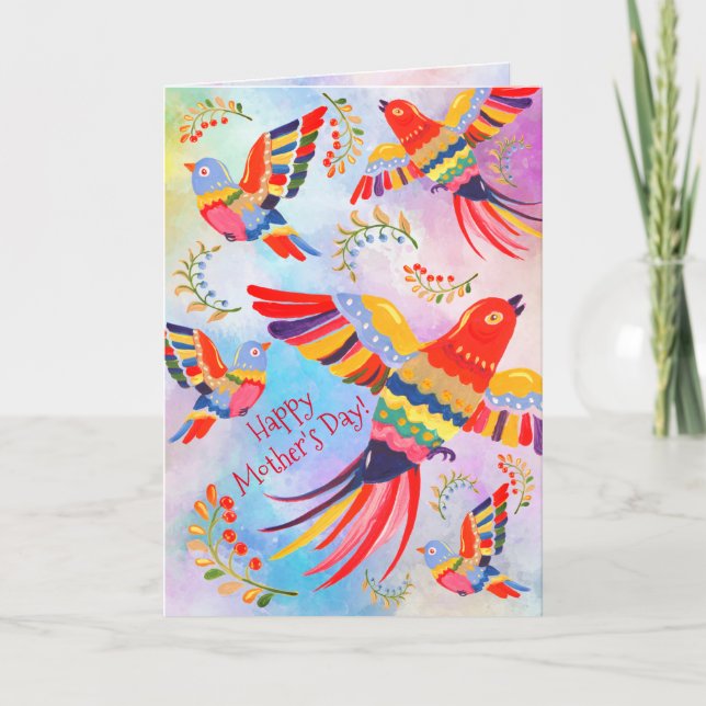 Cheerful Colourful Folk Birds Tie Dye Mother's Day Card (Front)