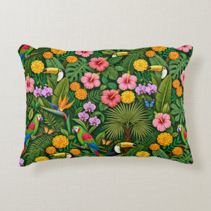 Cheerful Colourful Jungle Birds Tropical Flowers Decorative Cushion