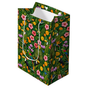 Cheerful Colourful Jungle Birds Tropical Flowers Medium Gift Bag