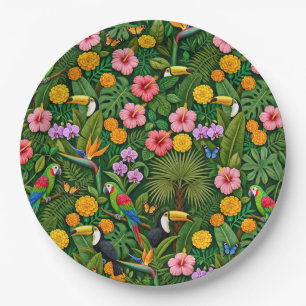 Cheerful Colourful Jungle Birds Tropical Flowers Paper Plate