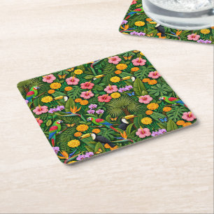 Cheerful Colourful Jungle Birds Tropical Flowers Square Paper Coaster