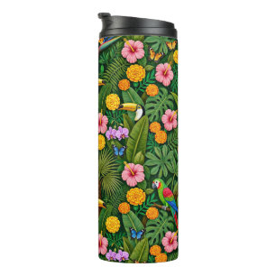 Cheerful Colourful Jungle Birds Tropical Flowers Thermal Tumbler