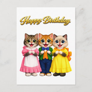 Cheerful Colourful Victorian Style Kittens Birthda Postcard