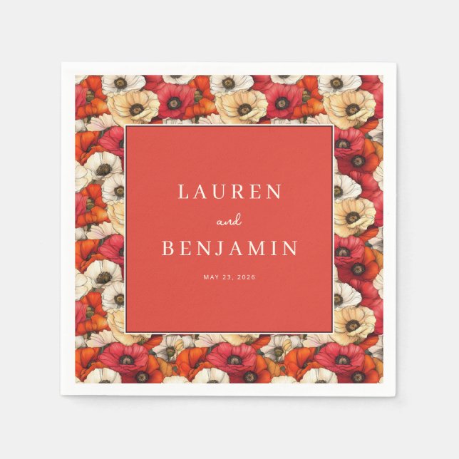 Cheerful Coral Floral Poppies Napkin (Front)