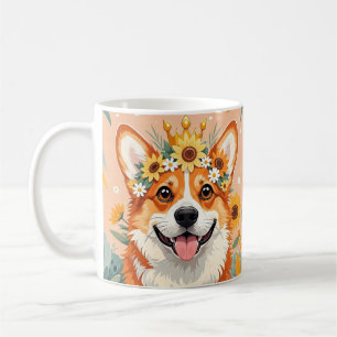Cheerful corgi dog crown of daisies and sunflowers coffee mug