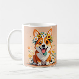 Cheerful corgi dog crown of daisies and sunflowers coffee mug