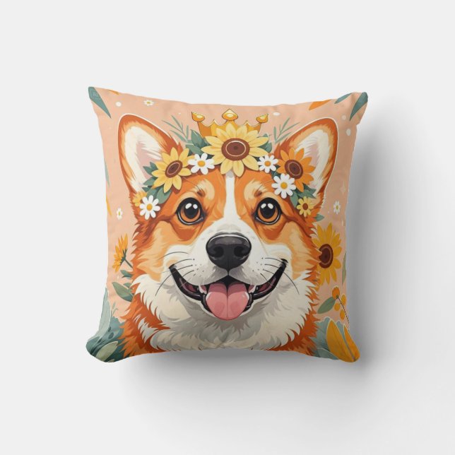 Cheerful corgi dog crown of daisies and sunflowers cushion (Front)