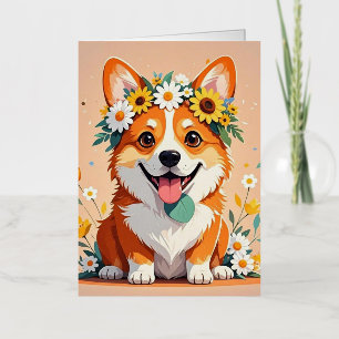 Cheerful corgi dog crown of daisies and sunflowers foil greeting card