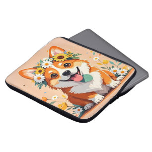 Cheerful corgi dog crown of daisies and sunflowers laptop sleeve