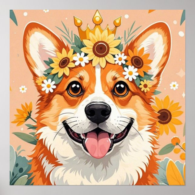 Cheerful corgi dog crown of daisies and sunflowers poster (Front)