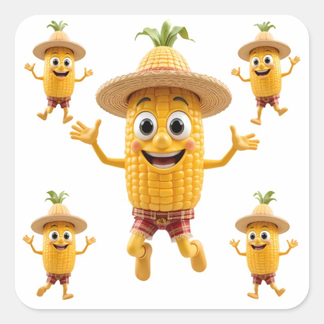  Cheerful Corn Characters Celebrating Life Square Sticker (Front)
