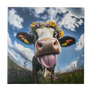 Cheerful Cow in Bloom Ceramic Tile