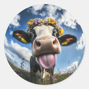 Cheerful Cow in Bloom Classic Round Sticker