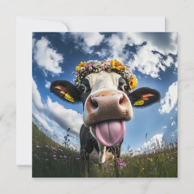 Cheerful Cow in Bloom Invitation (Front)