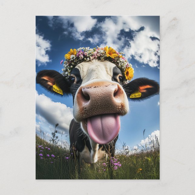 Cheerful Cow in Bloom Postcard (Front)