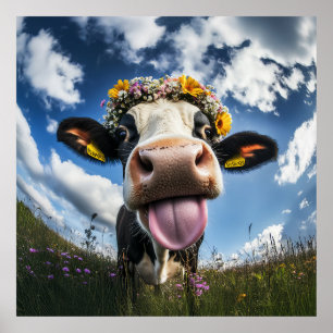 Cheerful Cow in Bloom Poster