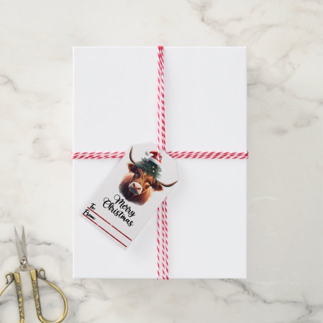 Cheerful cow in glasses Christmas tag (With Twine)