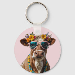 Cheerful Cow With Sunglasses Key Ring