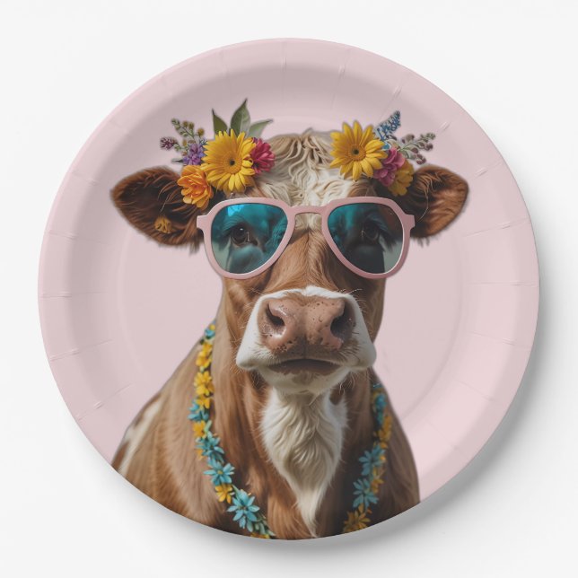 Cheerful Cow With Sunglasses  Paper Plate (Front)