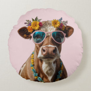 Cheerful Cow With Sunglasses  Round Cushion