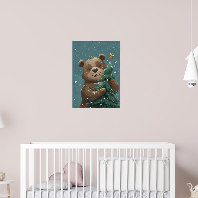 Cheerful Cute Bear Hugging Christmas Tree  Poster (Nursery 2)