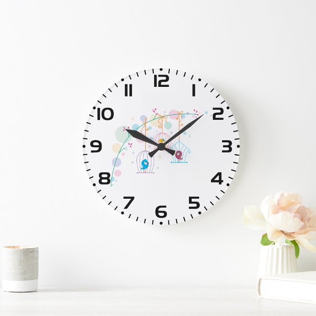 Cheerful Cute Birds In Cages Large Clock (Creator Uploaded)
