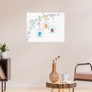 Cheerful Cute Birds In Cages Poster