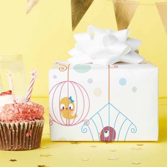 Cheerful Cute Birds In Cages Wrapping Paper (Creator Uploaded)