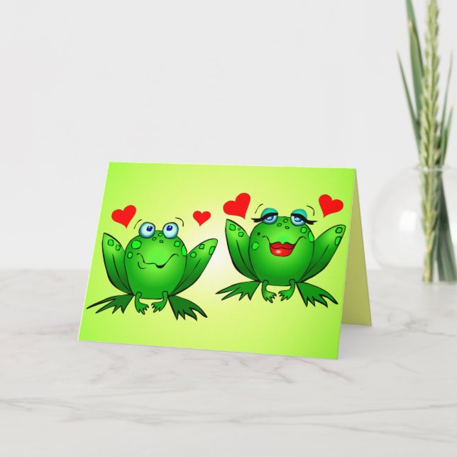 Cheerful Cute Cartoon Frogs Hearts Fun Card (Front)