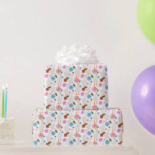 Cheerful Cute Geese With Hand Drawn Flowers Wrapping Paper
