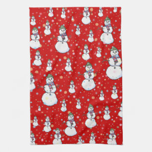 Cheerful Cute Snowman and Pastel Snowflake Holiday Tea Towel