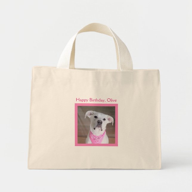 Cheerful Cute White Puppy Dog Pink Birthday Mini Tote Bag (Front)