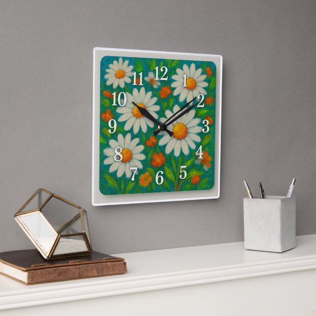 Cheerful Daisies and Wildflowers Square Wall Clock (Office)