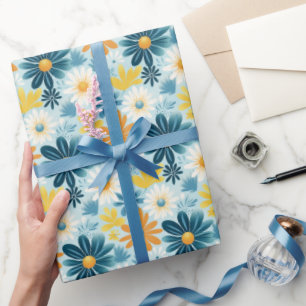 Cheerful Daisy Garden Blue Yellow Floral Pattern Wrapping Paper
