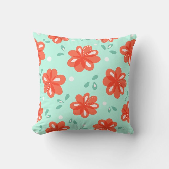 Cheerful Decorative Green Red Floral Pattern Cushion (Front)