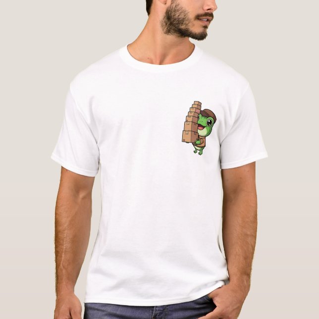 Cheerful Delivery Frog Balancing a Towering Stack T-Shirt (Front)