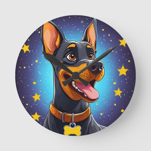 Cheerful Doberman Illustration Round Clock (Front)