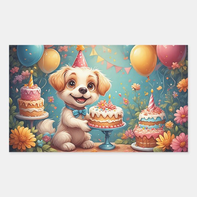 Cheerful Dog Celebrating a Festive Birthday  Rectangular Sticker (Front)