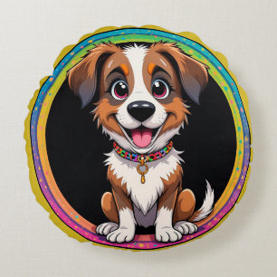 Cheerful Dog Colourful Cartoon Illustration Round Cushion