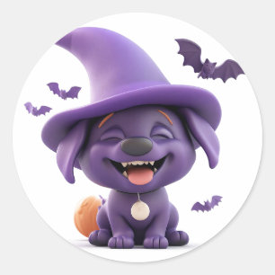 Cheerful Dog Dressed as Witch Amid Halloween Classic Round Sticker