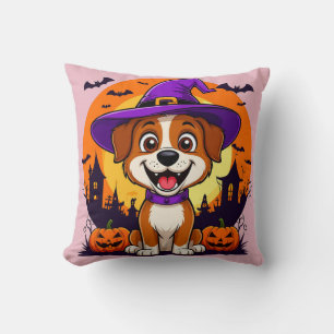 Cheerful Dog Dressed as Witch Amid Halloween Cushion