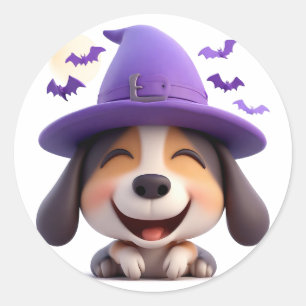 Cheerful Dog Dressed as Witch Hat Classic Round Sticker