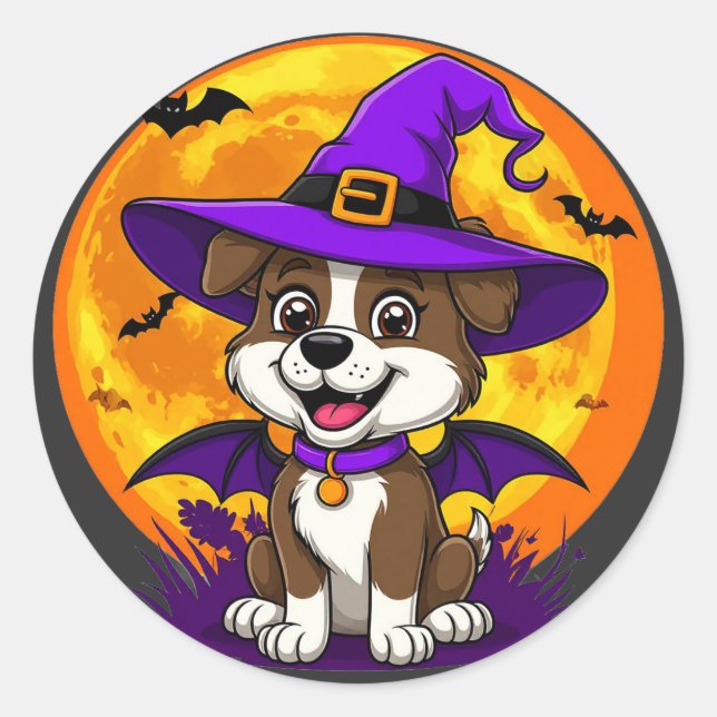 Cheerful Dog Witch Hat Halloween Classic Round Sticker (Front)