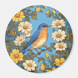 Cheerful Eastern Bluebird Yellow and White Flowers Magnet