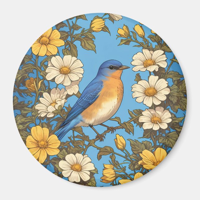 Cheerful Eastern Bluebird Yellow and White Flowers Magnet (Front)