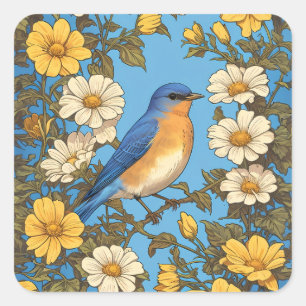 Cheerful Eastern Bluebird Yellow and White Flowers Square Sticker