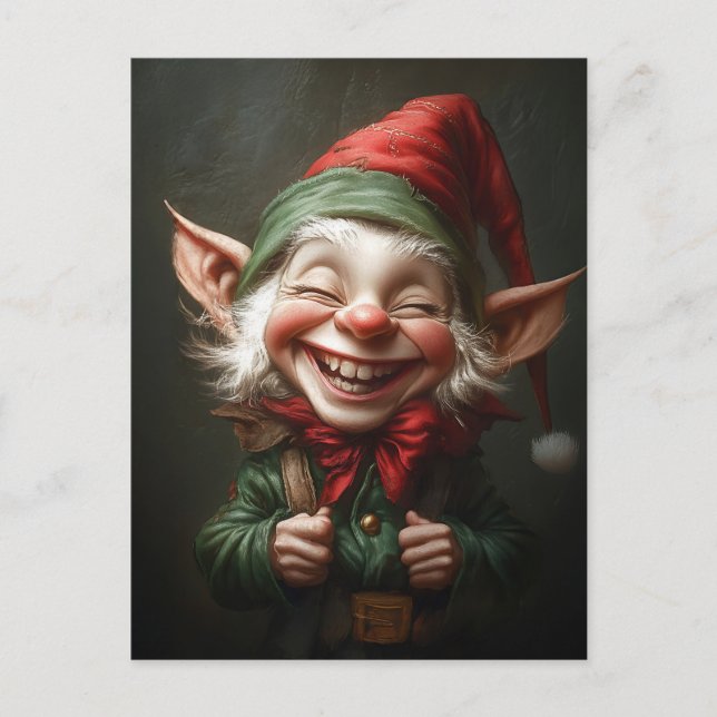 Cheerful Elf with a Big Laugh Holiday Postcard (Front)