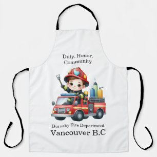 Cheerful firefighter driving a colourful fire truc apron